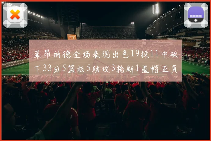 莱昂纳德全场表现出色19投11中砍下33分5篮板5助攻3抢断1盖帽正负值高达31